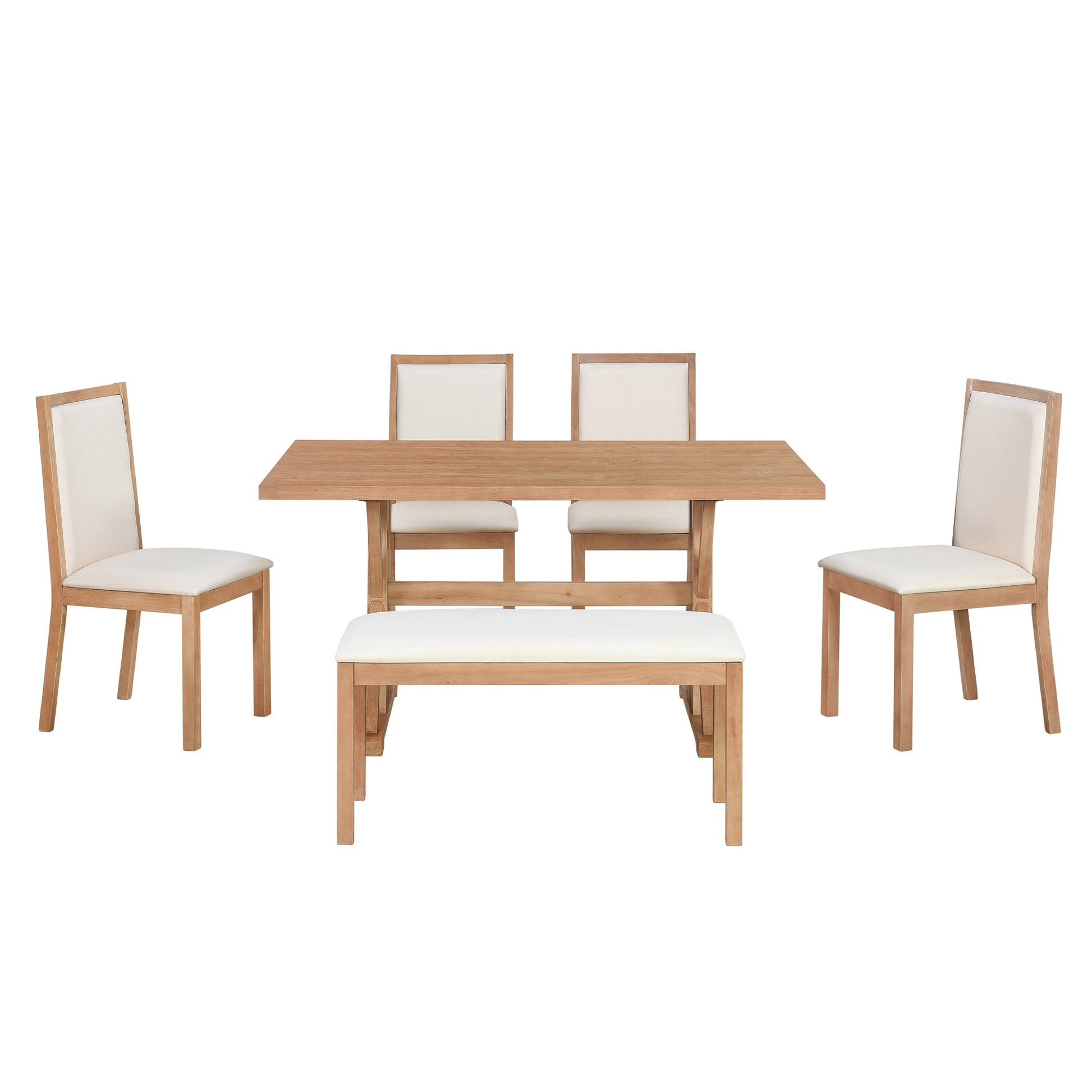 Farmhouse Classical 6 Piece Dining Table Set With Trestle Legs,Kitchen Table Set For 6 With 4 Upholstered Dining Chairs And Bench, Natural Wood Dining Room Solid Wood Rubberwood Rectangular Dining Table With Chair And Bench Upholstered Chair Wood Natural