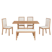 Farmhouse Classical 6 Piece Dining Table Set With Trestle Legs,Kitchen Table Set For 6 With 4 Upholstered Dining Chairs And Bench, Natural Wood Dining Room Solid Wood Rubberwood Rectangular Dining Table With Chair And Bench Upholstered Chair Wood Natural