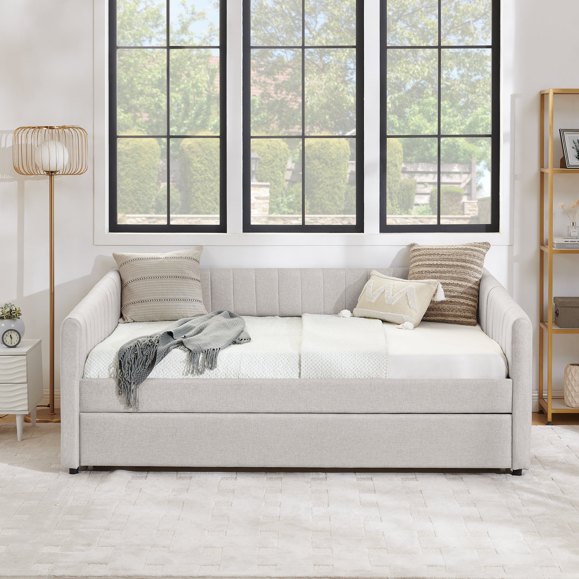 Full Size Daybed With Trundle Upholstered Sofa Bed, With Vertical Stripes, Linen Fabric, Beige 82.5"X58"X30" Beige Linen