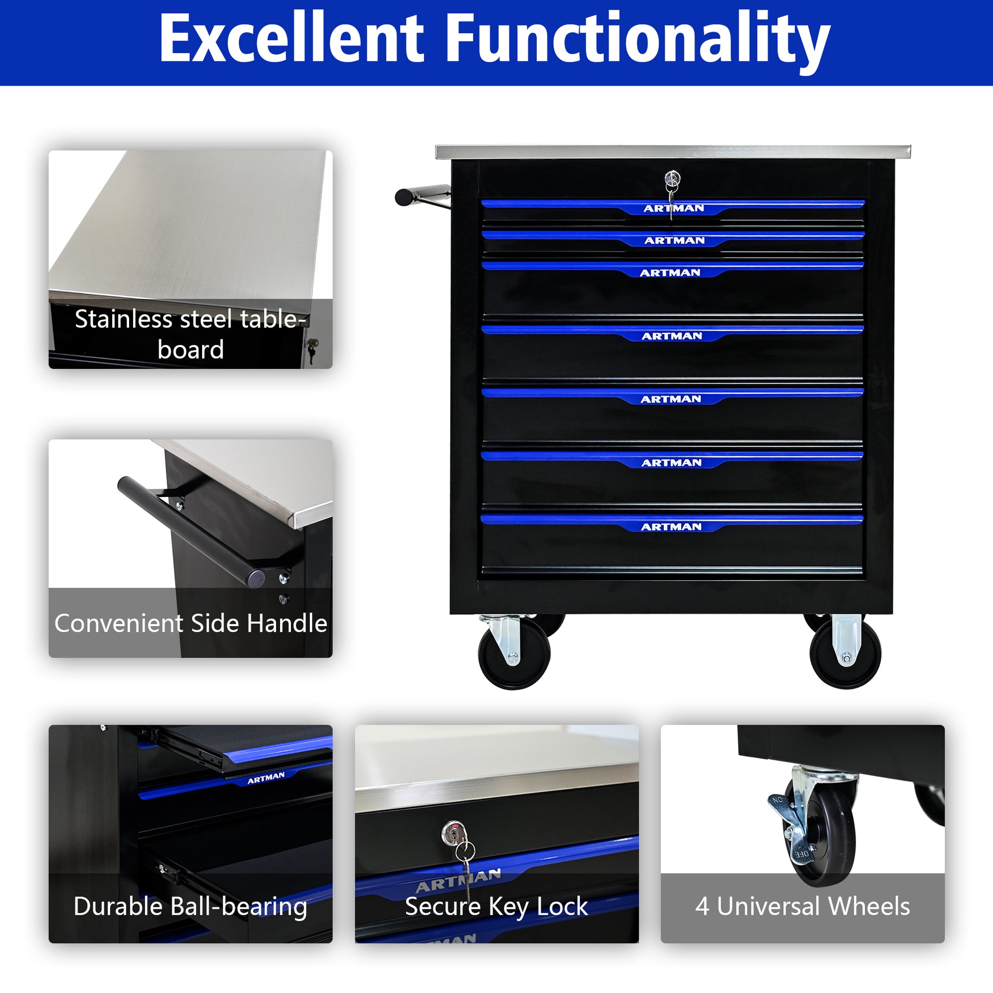 7 Drawers Multifunctional Tool Cart With Wheels Black Blue Black Blue Steel