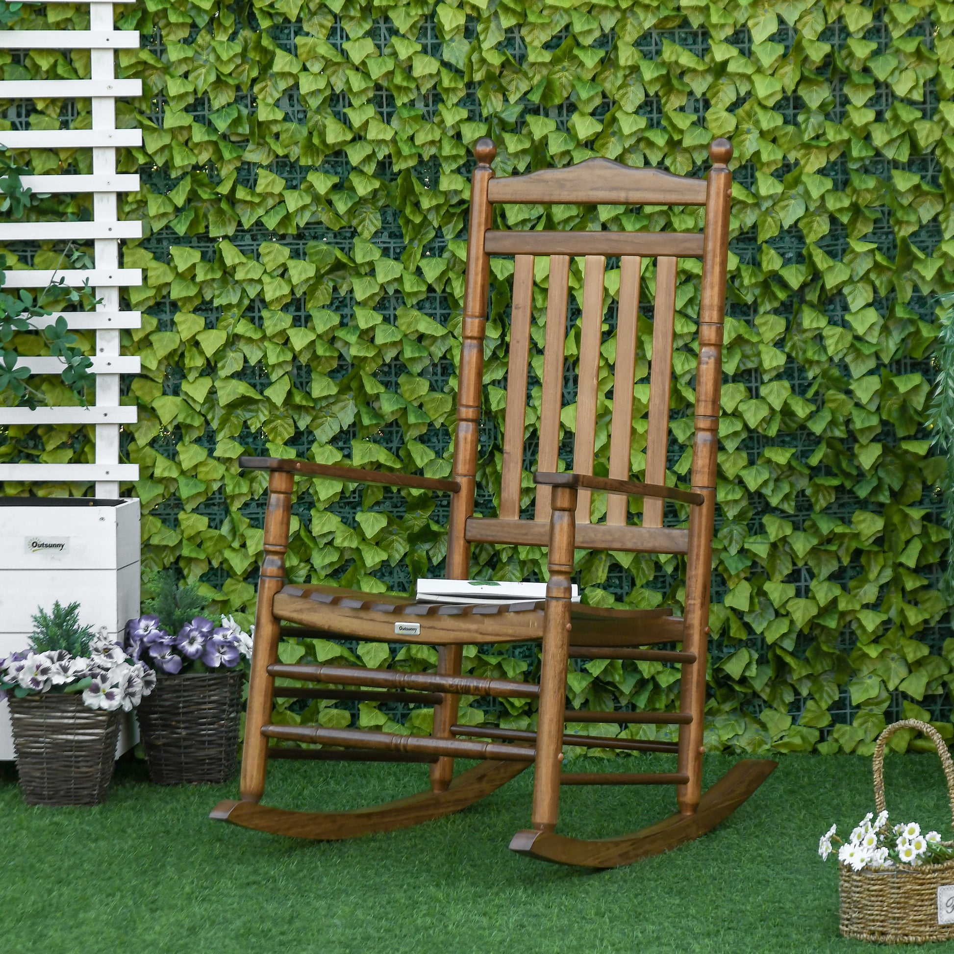 Outsunny Traditional Wooden High Back Rocking Chair For Porch, Indoor Outdoor, Brown Brown Wood