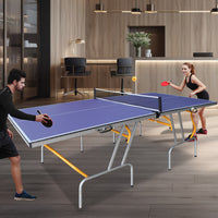 8Ft Mid Size Table Tennis Table Foldable & Portable Ping Pong Table Set For Indoor & Outdoor Games With Net, 2 Table Tennis Paddles And 3 Balls Blue Mdf