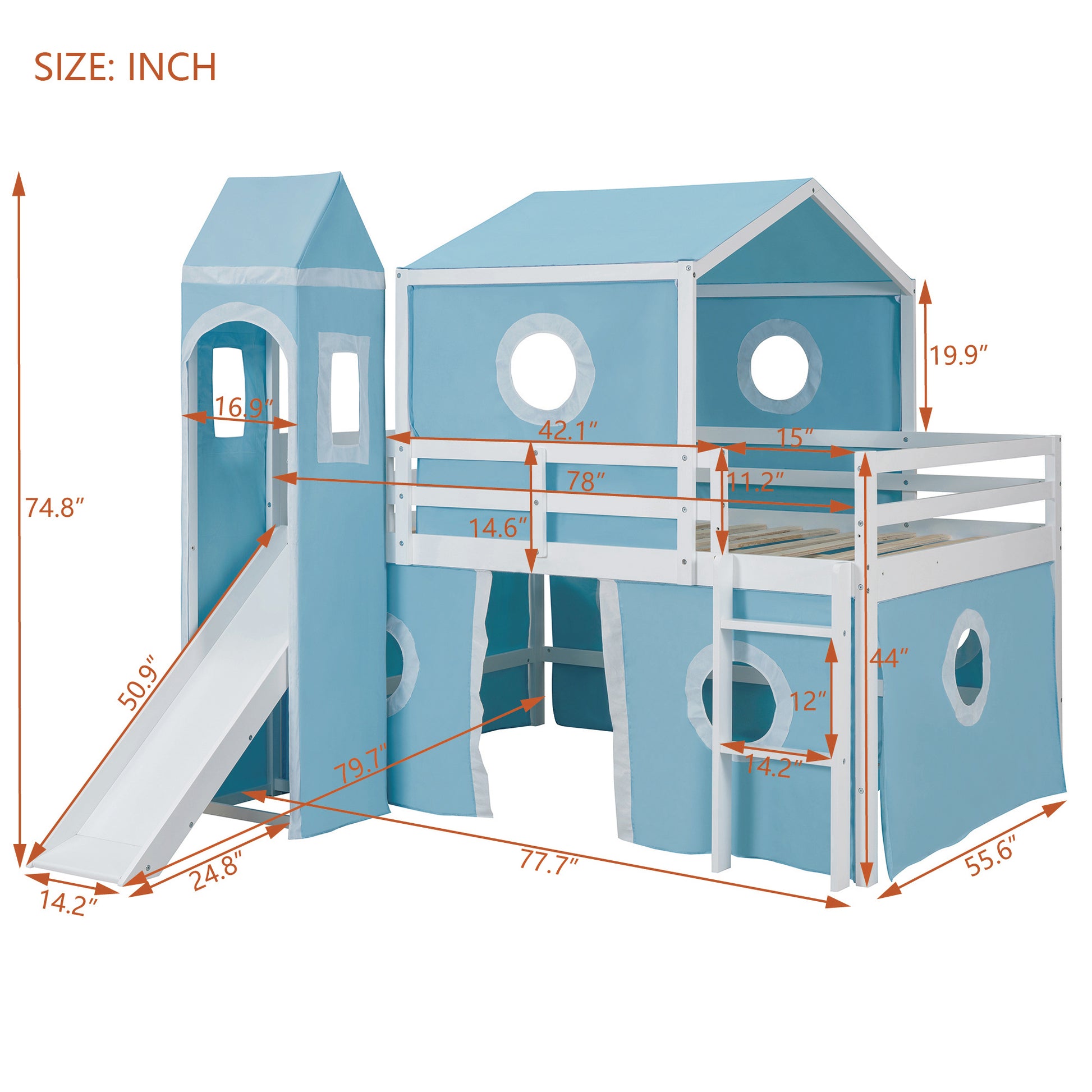 Full Size Loft Bed With Slide Pink Tent And Tower Blue Old Sku:Wf298771Aac Full Blue Solid Wood