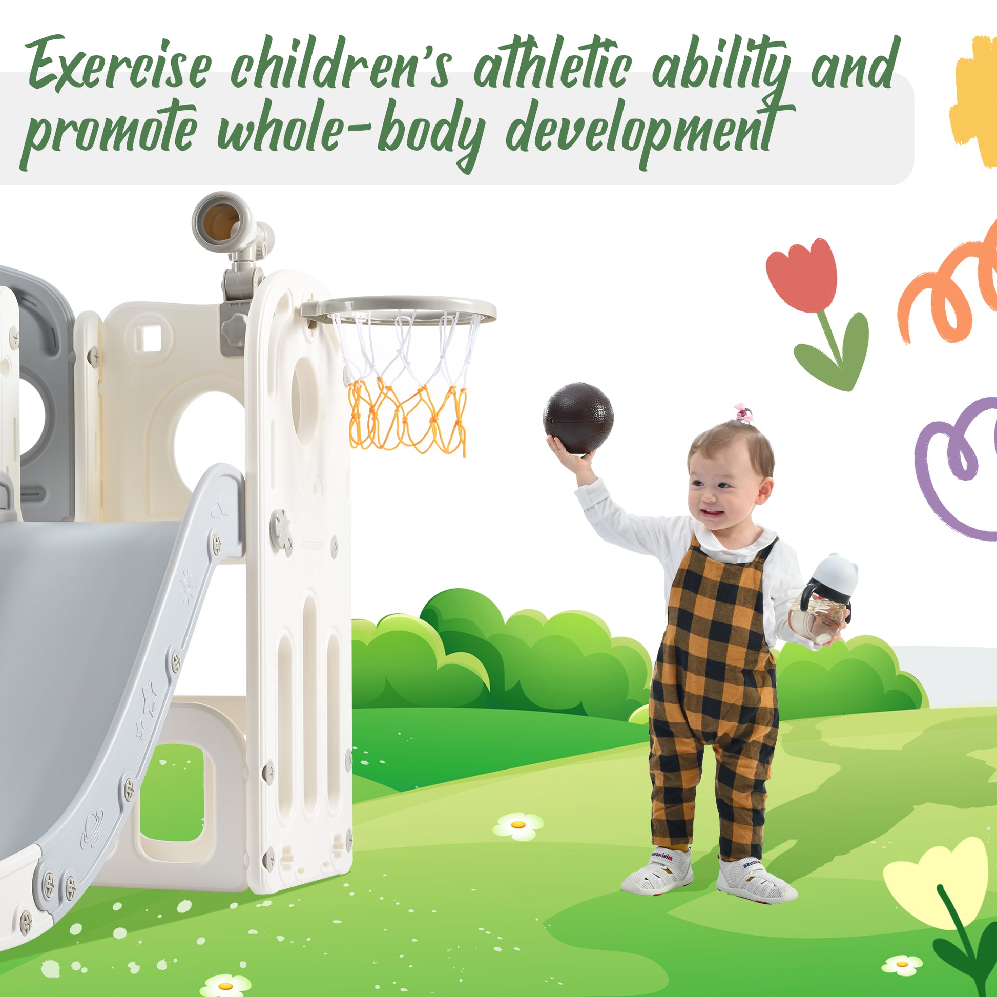 7 In 1 Toddler Slide Set, Freestanding Space Set With Slide, Kids Slide Playset Structure, Arch Tunnel And Basketball Hoop, Toy Storage Organizer For Toddlers, Kids Climbers Playground Grey White 50 99 Lbs Cute 1 To 2 Years Hdpe Indoor & Outdoor Use