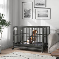 Pawhut 48" Heavy Duty Dog Crate Metal Cage Kennel With Lockable Wheels, Double Door And Removable Tray, Gray Gray Steel