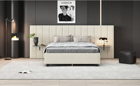 Queen Size Upholstered Platform Bed With Big Headboard, Bedroom Furniture, Velvet, Beige Queen Beige Plywood