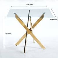 Dining Table With Cross Metal Leg And Tempered Glass,Modern Space Saving Kitchen Table For Living Room,Chrome Legs,Square Table,Golden Legs,90X90X75Cm Golden Glass Metal