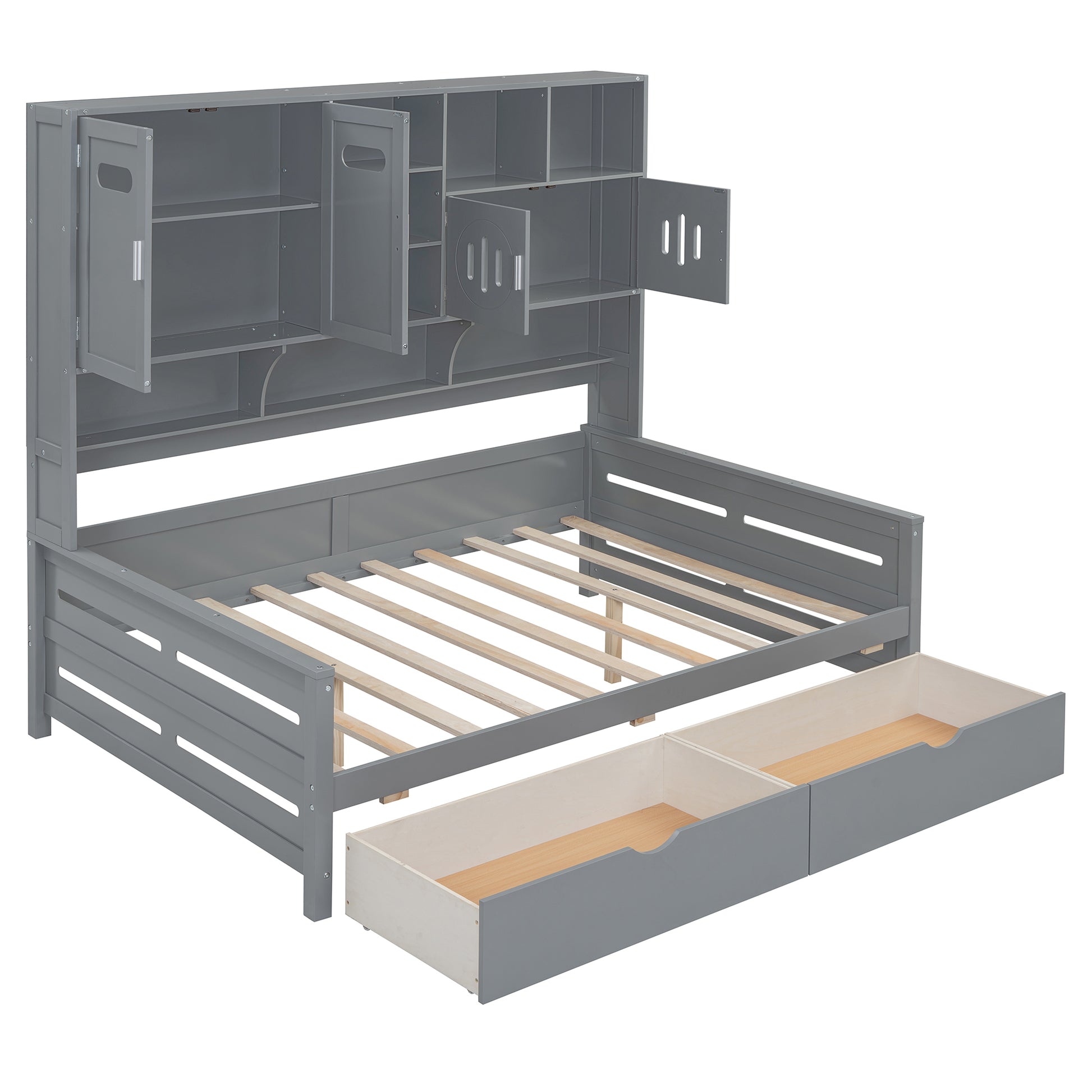 Full Size Wooden Daybed With 2 Drawers, And All In One Cabinet And Shelf, Gray Full Gray Wood