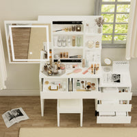 45.3" Long Large Vanity Desk With Mirror And Lights For Makeup And Chair, Vanity Mirror With Lights And Table Set With 3 Color Lighting Brightness Adjustable, 5 Drawers, White Color White 5 Drawers