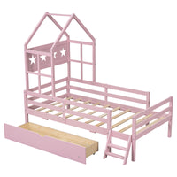 Wood Twin Size House Platform Bed With Guardrail And Drawer, Pink Box Spring Not Required Twin Pink Wood Bedroom Bed Frame Solid Wood Mdf