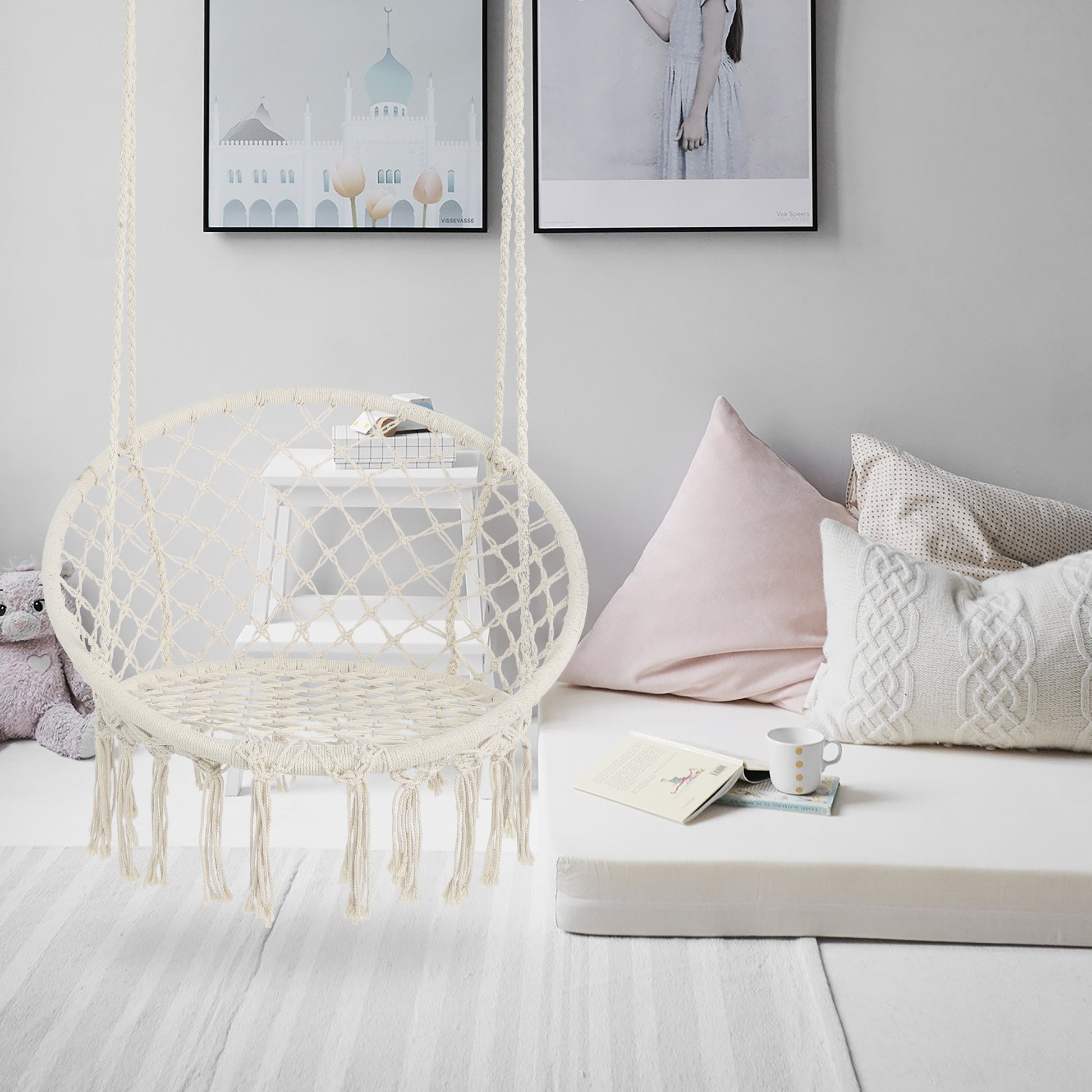 Hammock Chair Macrame Swing Max 330 Lbs Hanging Cotton Rope Hammock Swing Chair For Indoor And Outdoor Beige Cotton