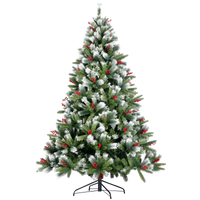 Artificial Christmas Tree Flocked Pine Needle Tree With Cones Red Berries 7.5 Ft Foldable Stand Green American Design Pvc Polyester