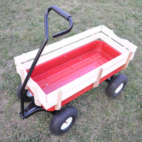Outdoor Wagon All Terrain Pulling Wood Railing Air Tires Garden Cart Red White Red Garden & Outdoor Metal