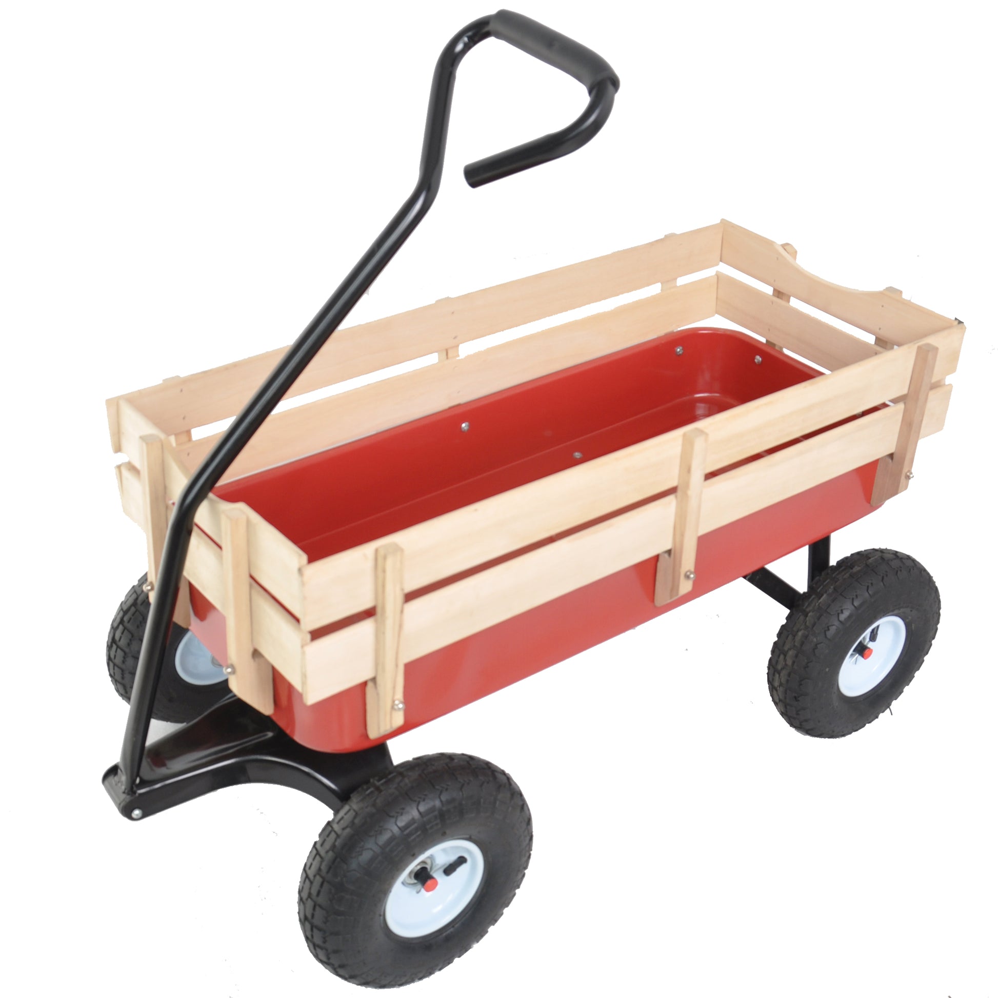 Outdoor Wagon All Terrain Pulling Wood Railing Air Tires Garden Cart Red White Red Garden & Outdoor Metal