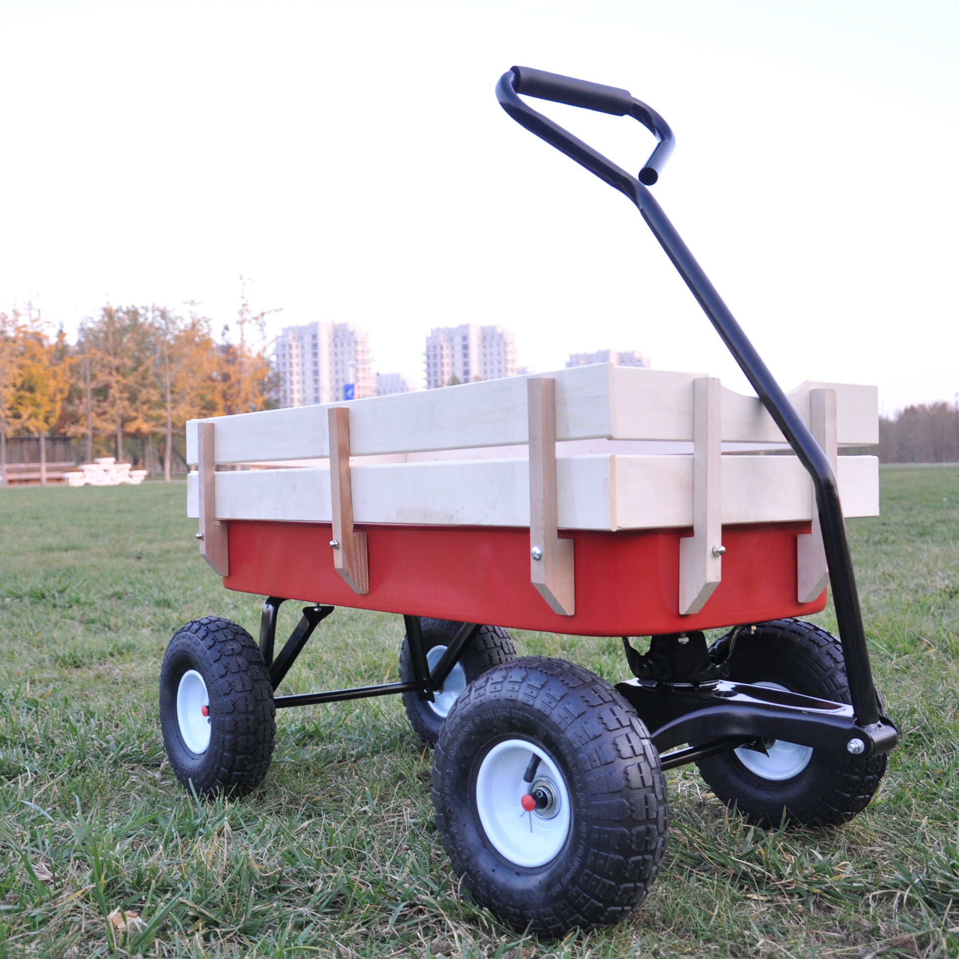 Outdoor Wagon All Terrain Pulling Wood Railing Air Tires Garden Cart Red White Red Garden & Outdoor Metal