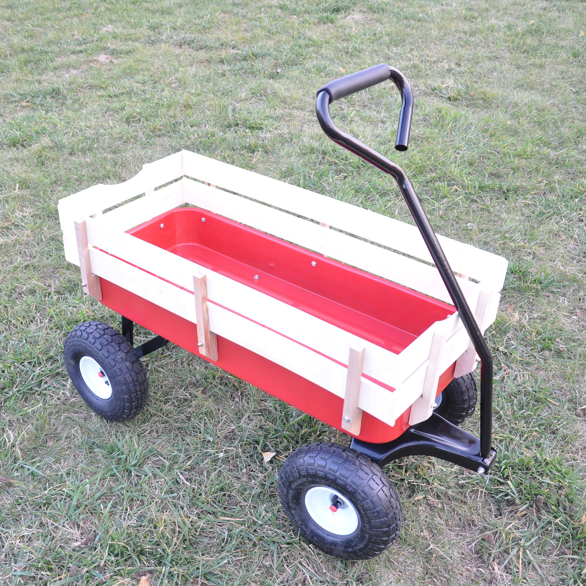 Outdoor Wagon All Terrain Pulling Wood Railing Air Tires Garden Cart Red White Red Garden & Outdoor Metal