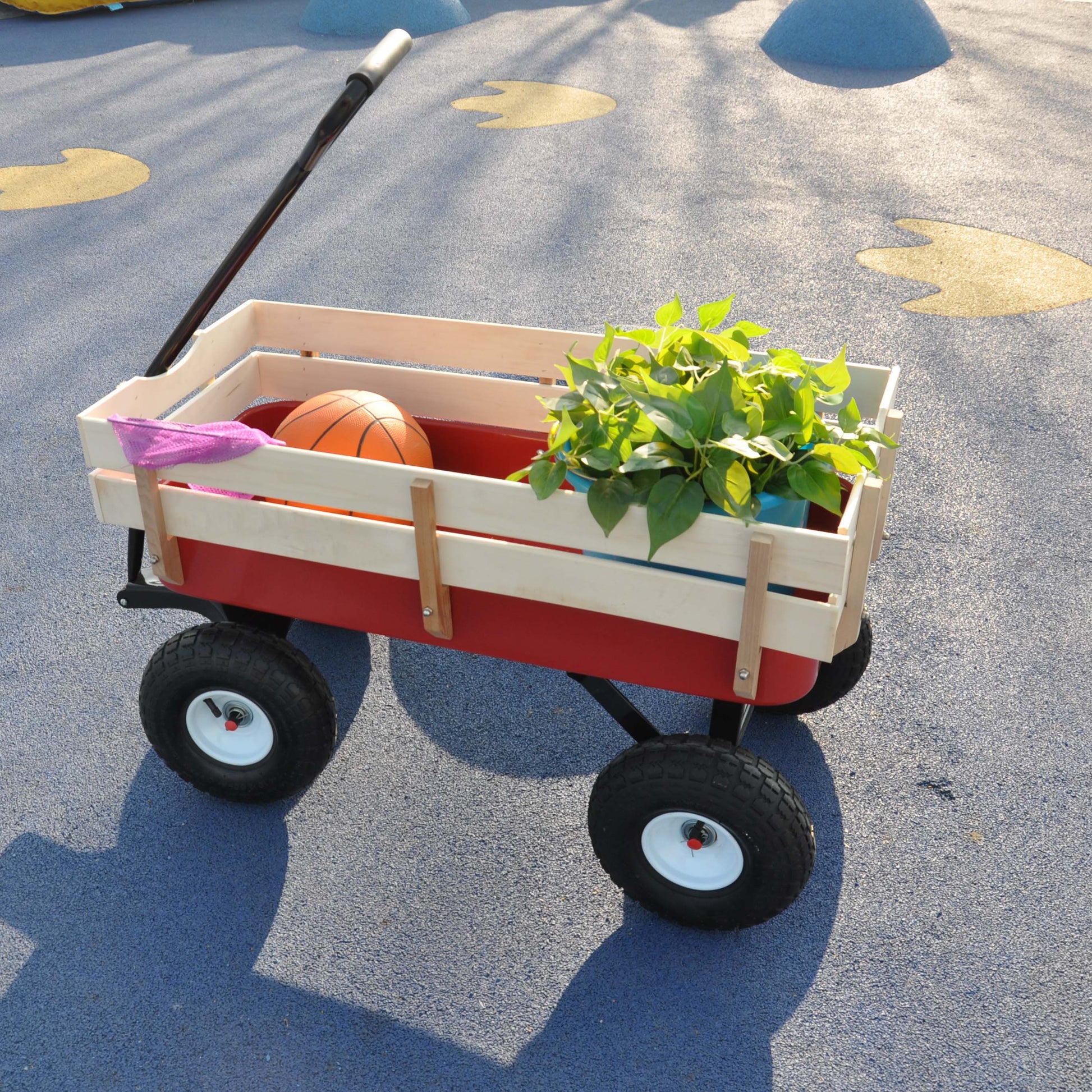 Outdoor Wagon All Terrain Pulling Wood Railing Air Tires Garden Cart Red White Red Garden & Outdoor Metal