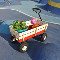Outdoor Wagon All Terrain Pulling Wood Railing Air Tires Garden Cart Red White Red Garden & Outdoor Metal