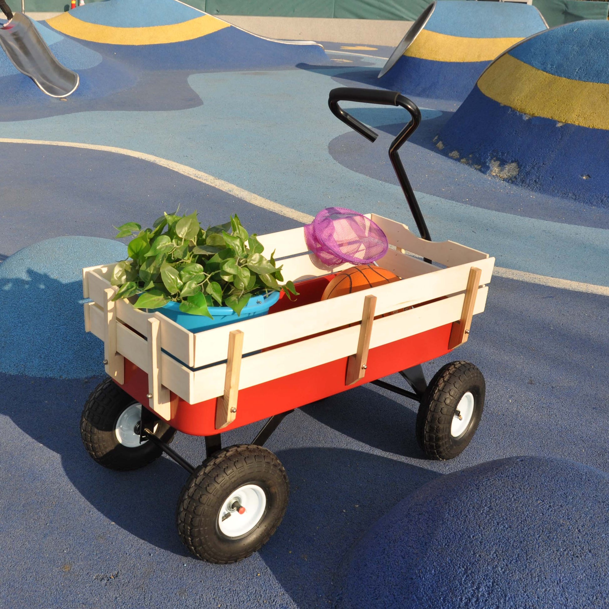 Outdoor Wagon All Terrain Pulling Wood Railing Air Tires Garden Cart Red White Red Garden & Outdoor Metal