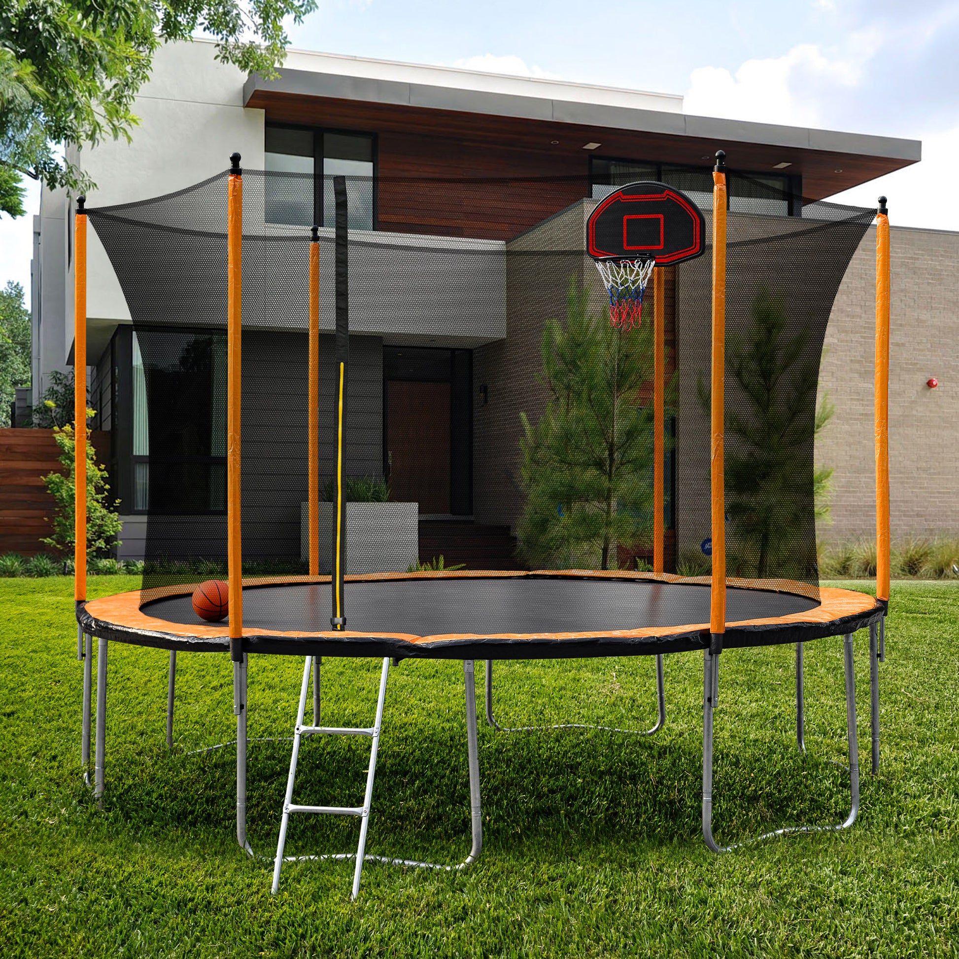 15Ft Trampoline With Basketball Hoop Inflator And Ladder Inner Safety Enclosure Orange Orange Metal