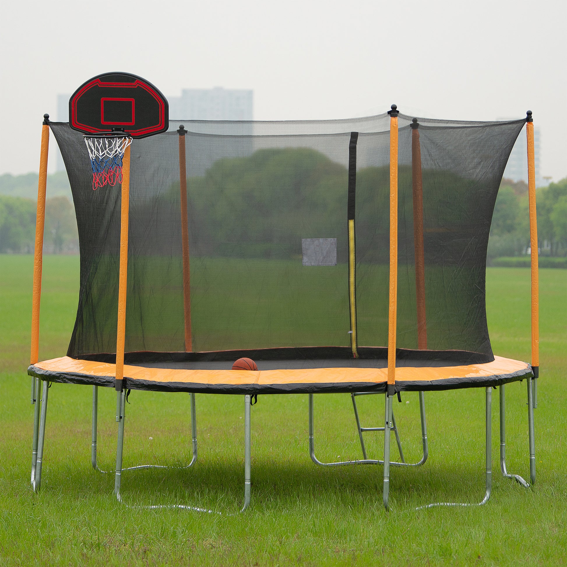 15Ft Trampoline With Basketball Hoop Inflator And Ladder Inner Safety Enclosure Orange Orange Metal