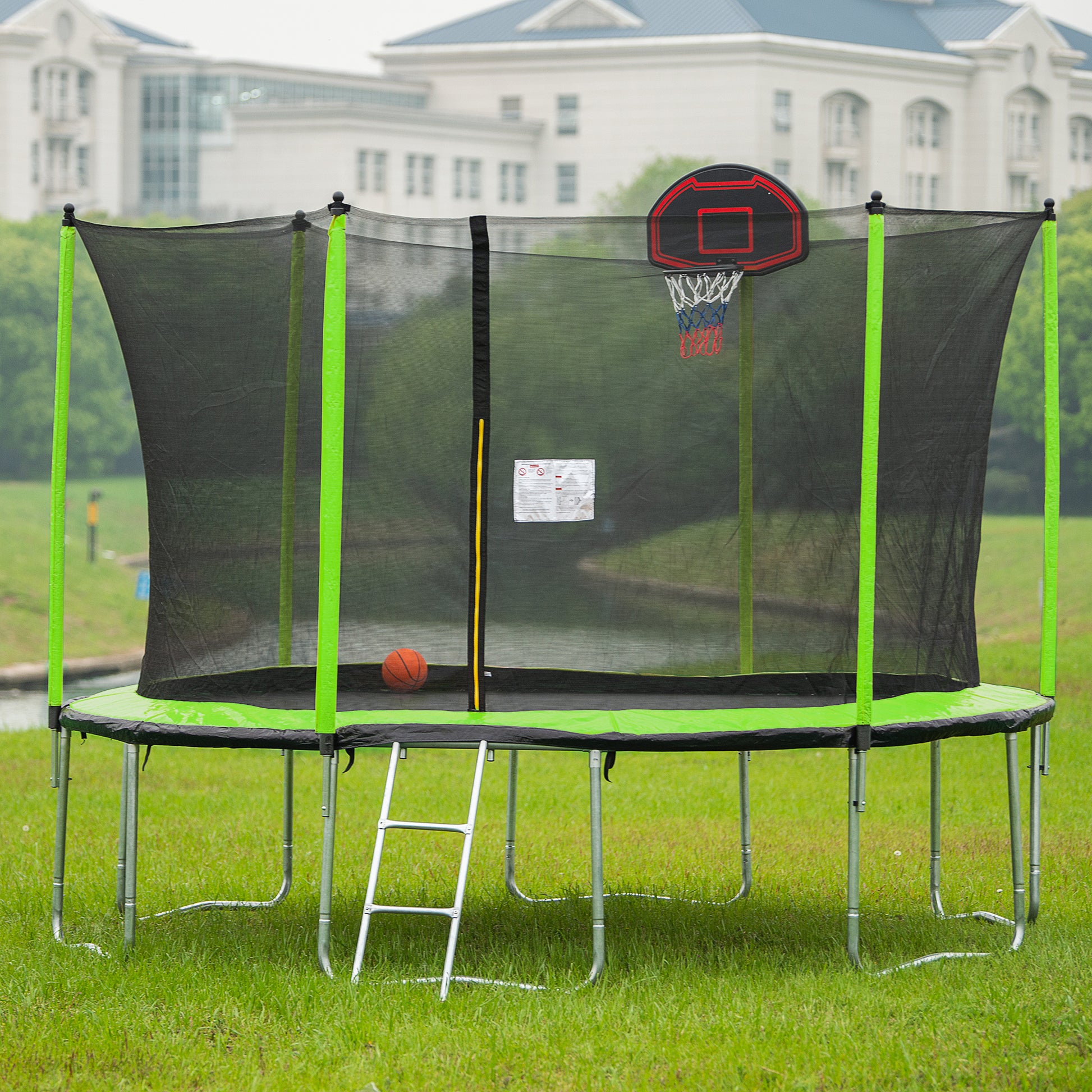 14Ft Trampoline With Basketball Hoop Inflator And Ladder Inner Safety Enclosure Green Green Metal