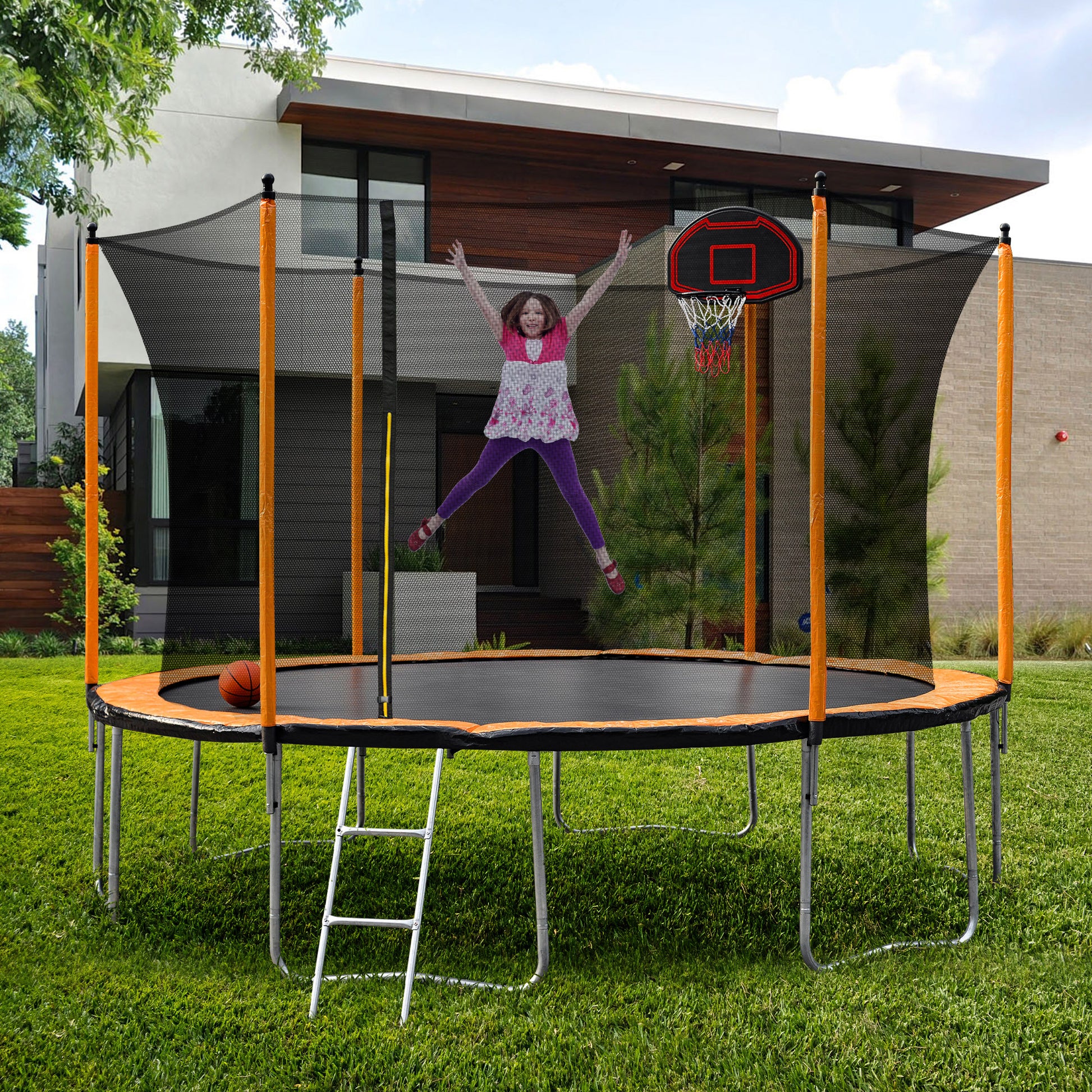 15Ft Trampoline With Basketball Hoop Inflator And Ladder Inner Safety Enclosure Orange Orange Metal