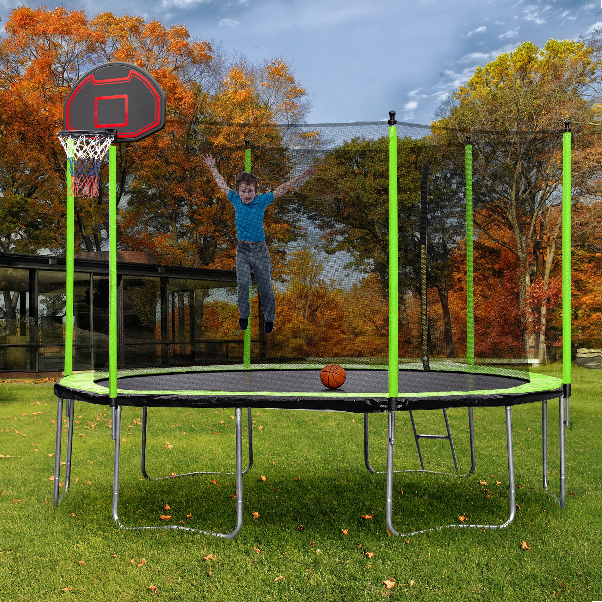 14Ft Trampoline With Basketball Hoop Inflator And Ladder Inner Safety Enclosure Green Green Metal