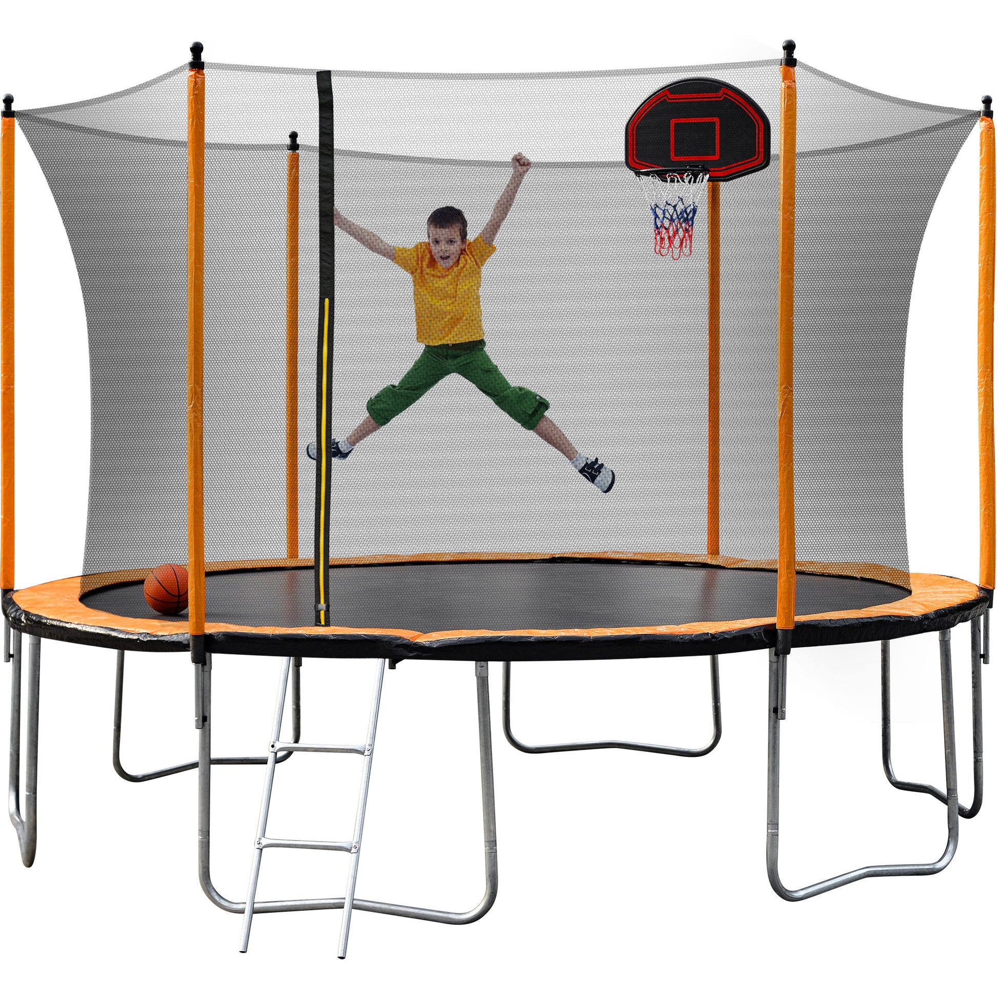 15Ft Trampoline With Basketball Hoop Inflator And Ladder Inner Safety Enclosure Orange Orange Metal