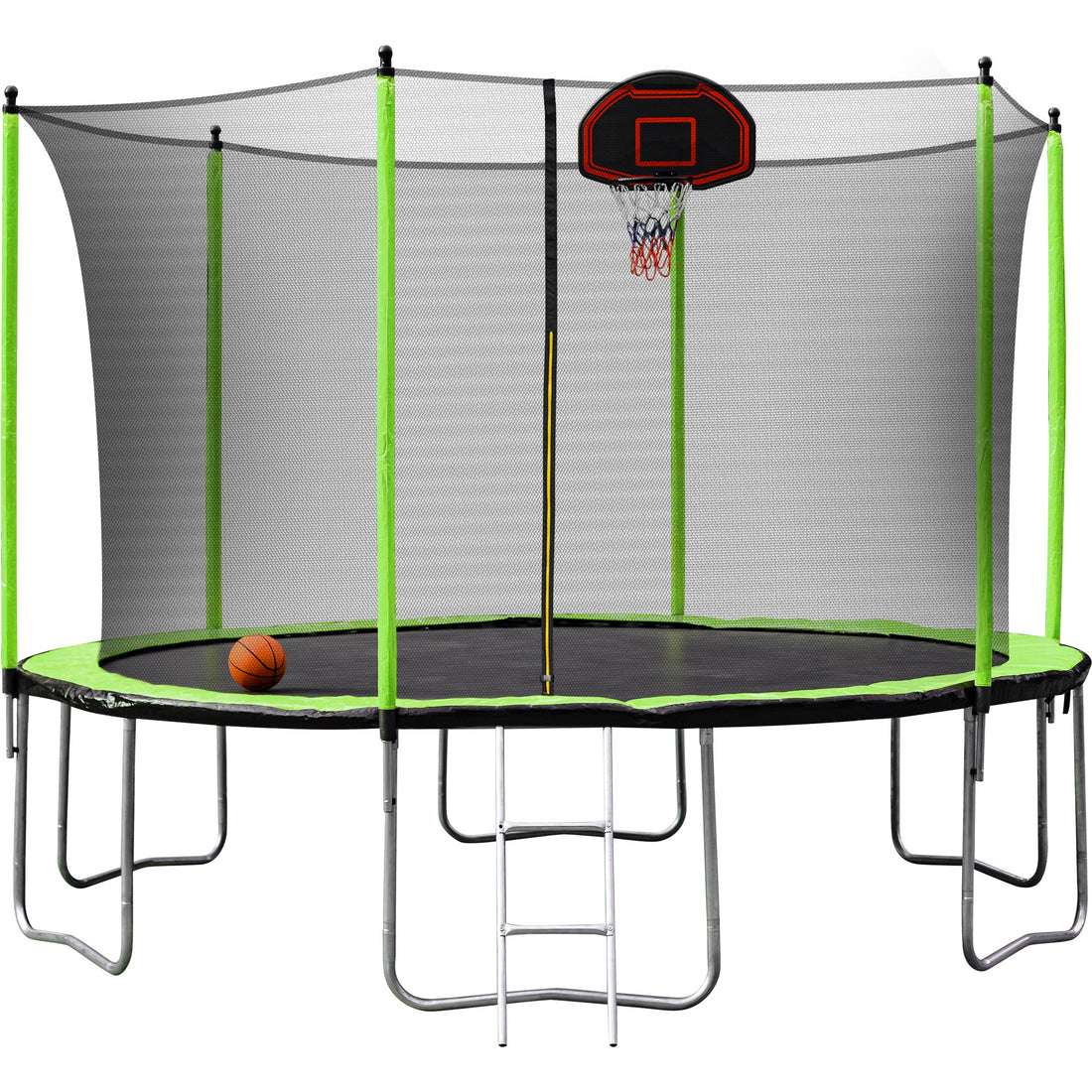 14Ft Trampoline With Basketball Hoop Inflator And Ladder Inner Safety Enclosure Green Green Metal