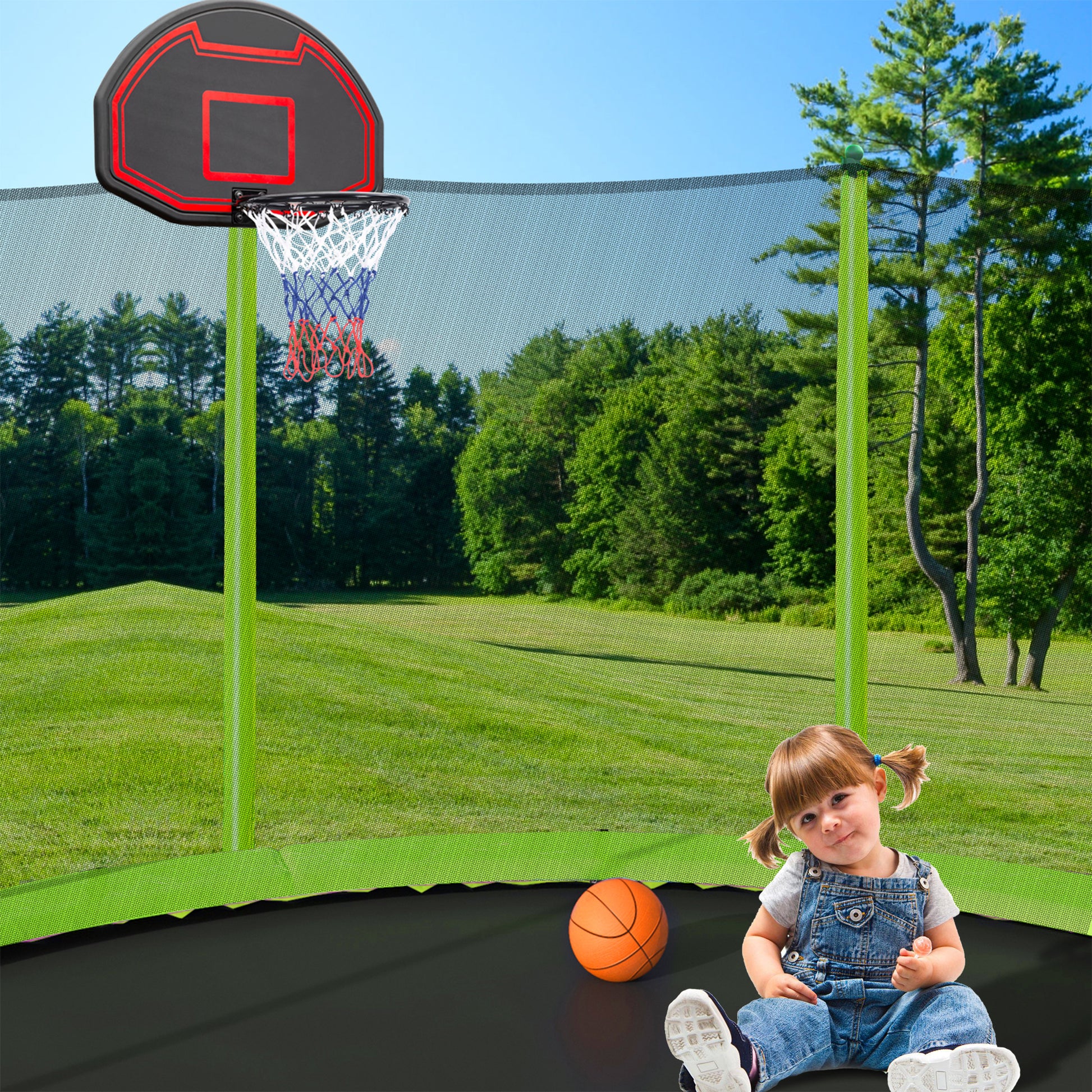 14Ft Trampoline With Basketball Hoop Inflator And Ladder Inner Safety Enclosure Green Green Metal