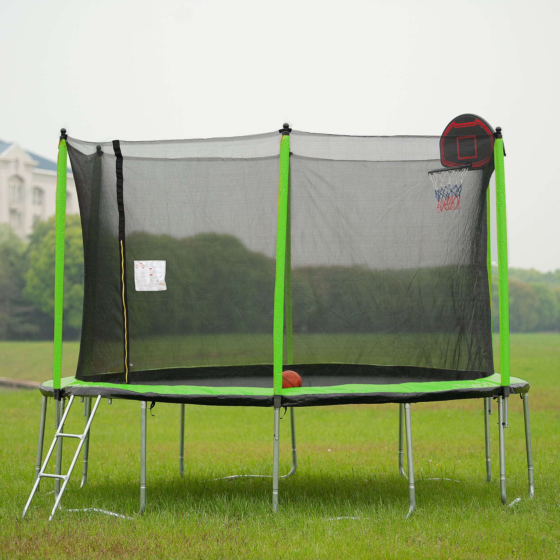 14Ft Trampoline With Basketball Hoop Inflator And Ladder Inner Safety Enclosure Green Green Metal