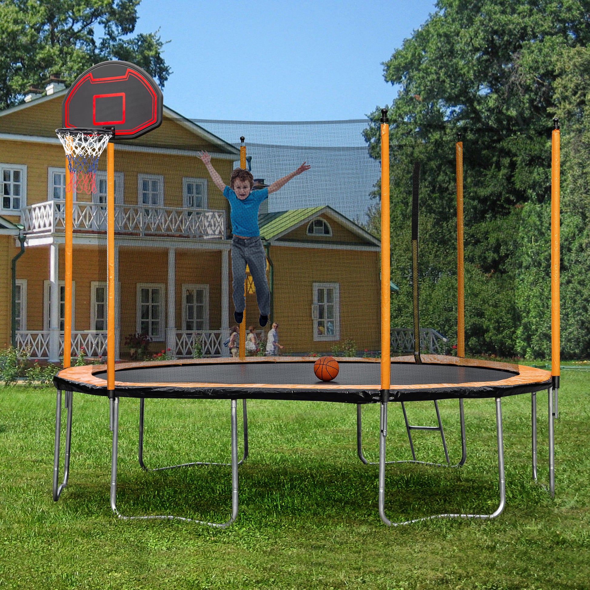 15Ft Trampoline With Basketball Hoop Inflator And Ladder Inner Safety Enclosure Orange Orange Metal