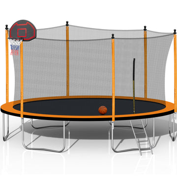 15Ft Trampoline With Basketball Hoop Inflator And Ladder Inner Safety Enclosure Orange Orange Metal