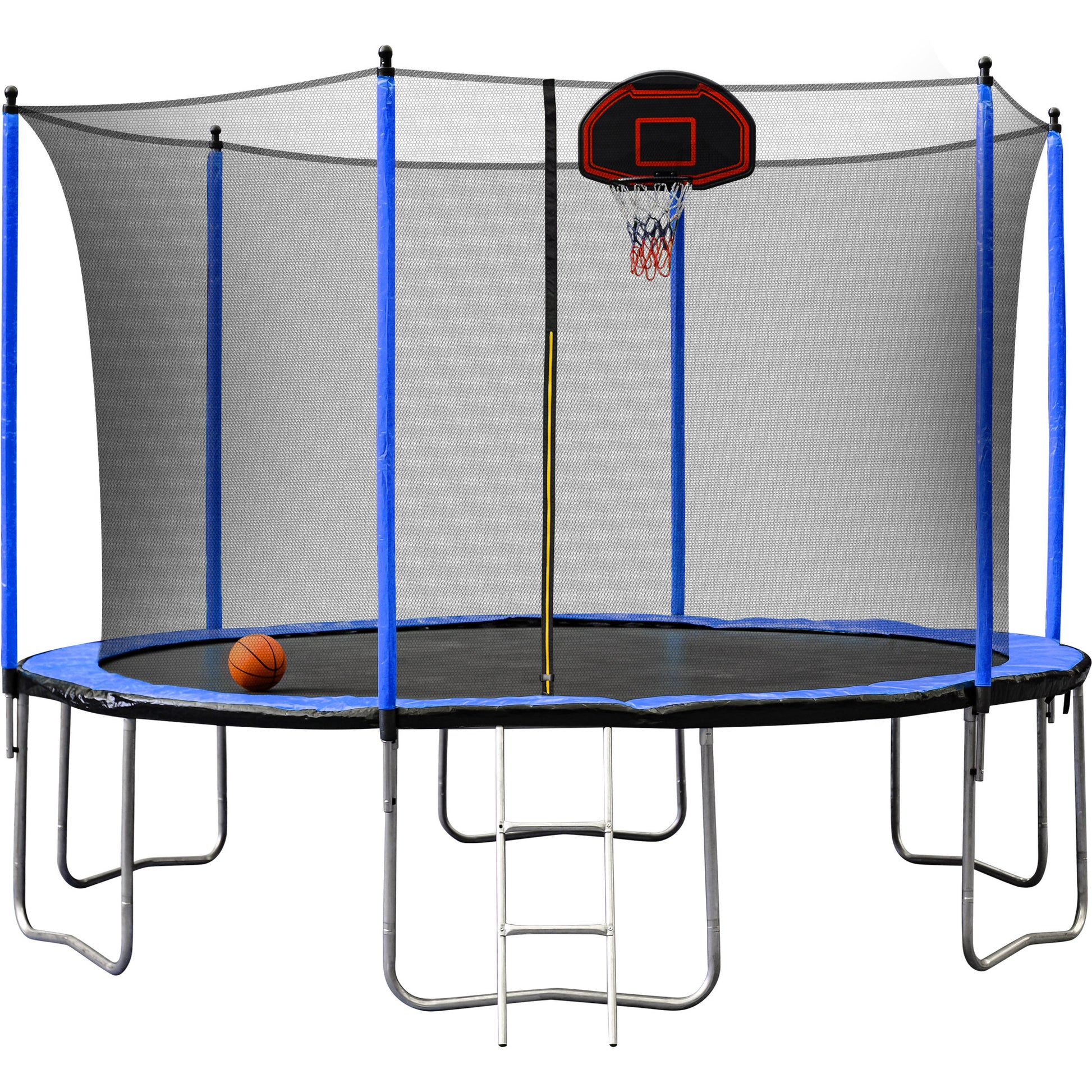 15Ft Trampoline With Basketball Hoop Inflator And Ladder Inner Safety Enclosure Blue Blue Stainless Steel