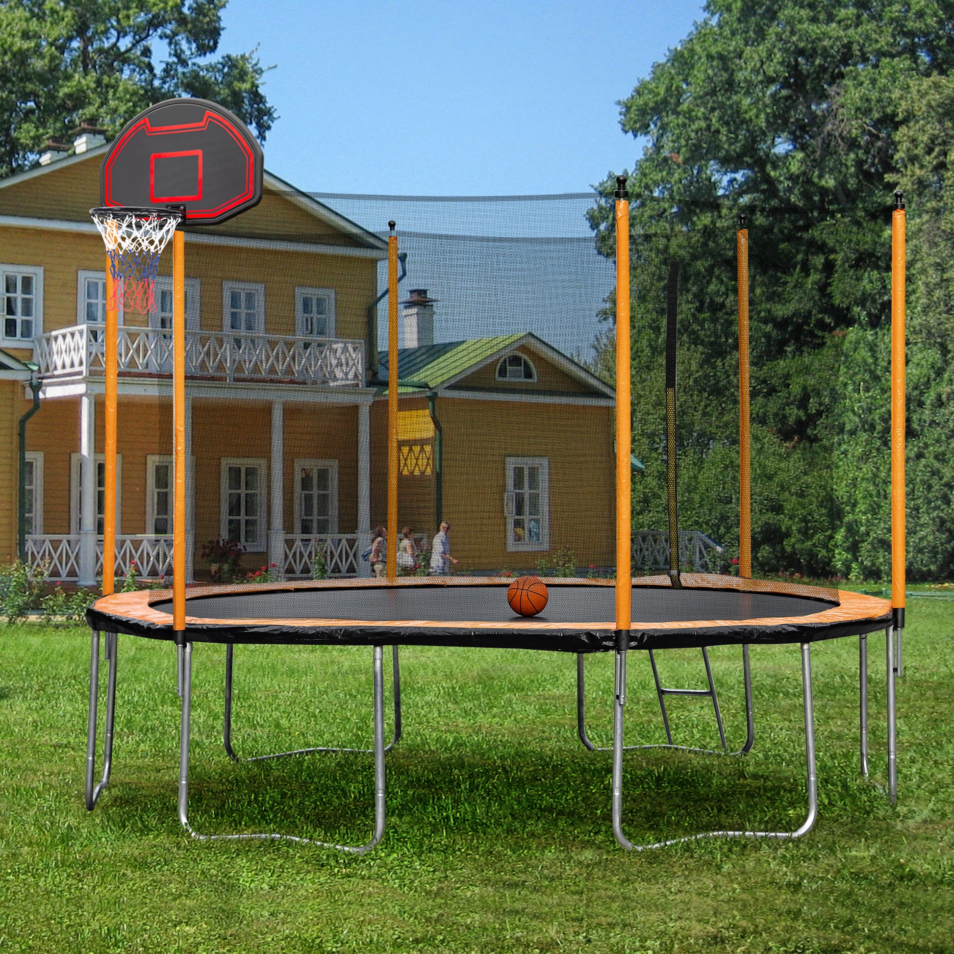 15Ft Trampoline With Basketball Hoop Inflator And Ladder Inner Safety Enclosure Orange Orange Metal