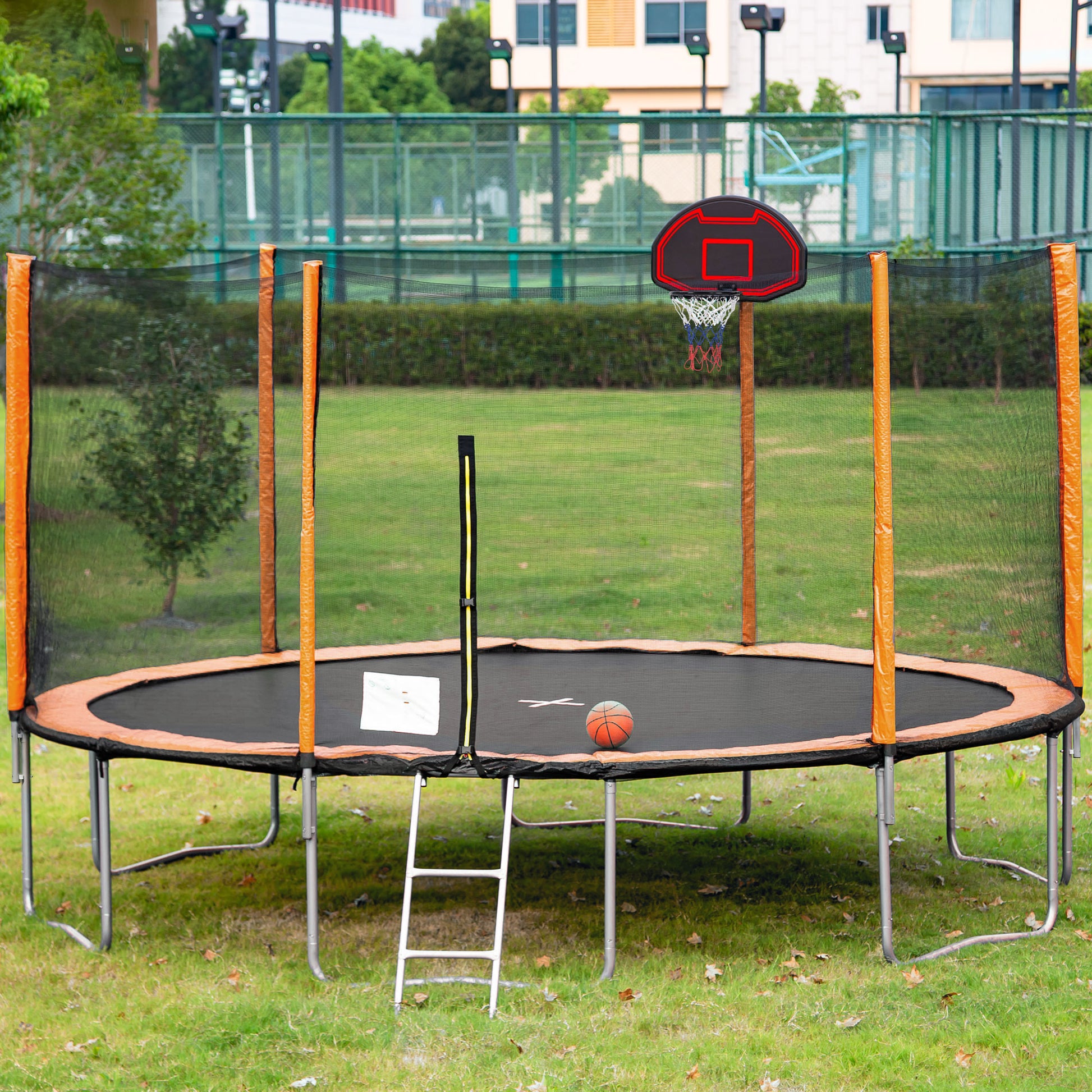 14Ft Powder Coated Advanced Trampoline With Basketball Hoop Inflator And Ladder Outer Safety Enclosure Orange Orange Steel