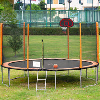 14Ft Powder Coated Advanced Trampoline With Basketball Hoop Inflator And Ladder Outer Safety Enclosure Orange Orange Steel