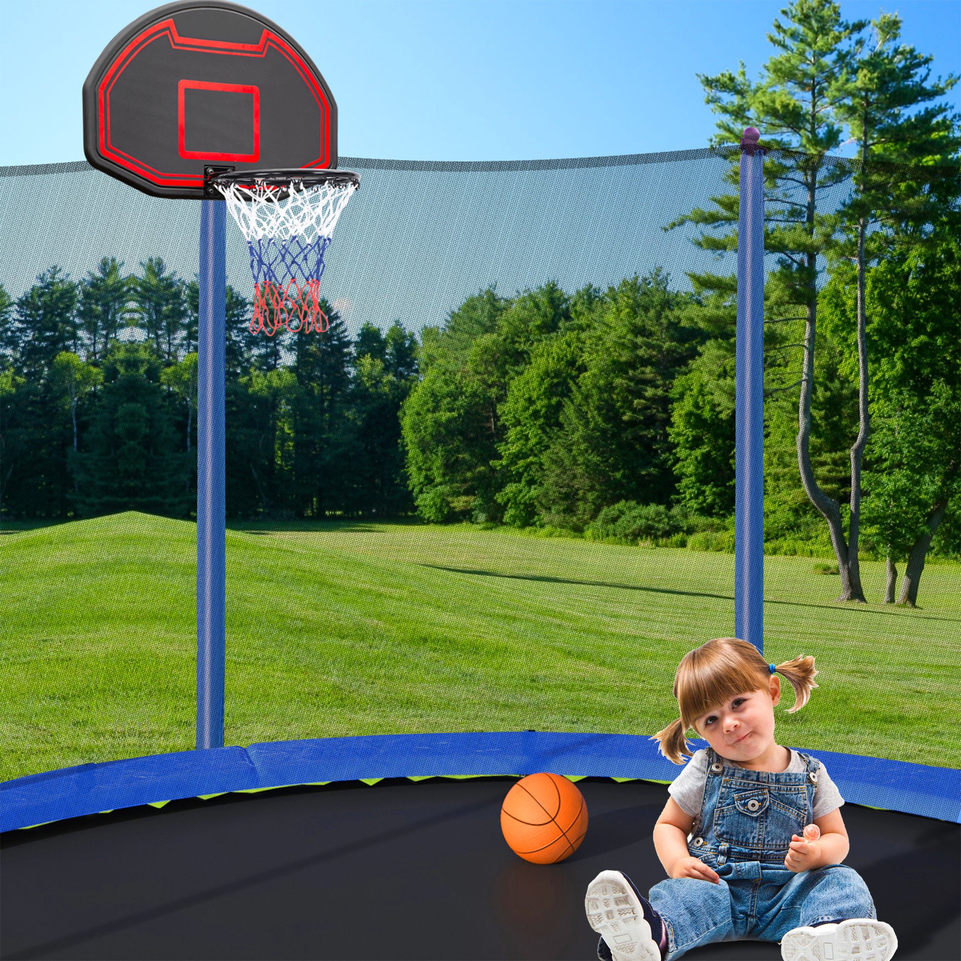 15Ft Trampoline With Basketball Hoop Inflator And Ladder Inner Safety Enclosure Blue Blue Stainless Steel