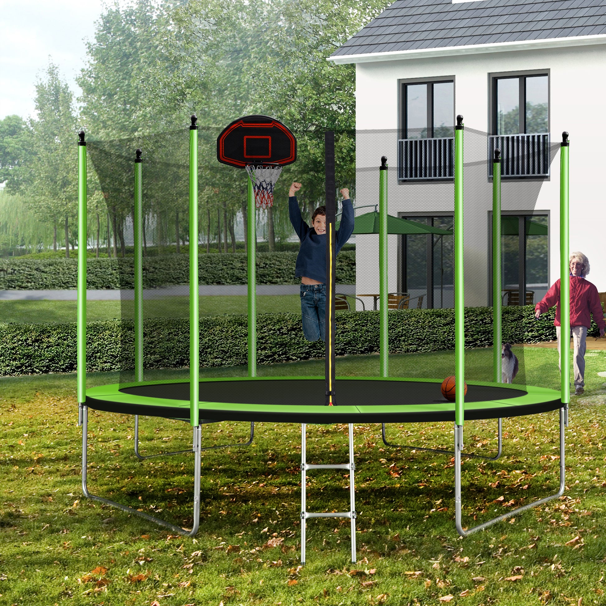 10Ft Trampoline With Basketball Hoop Inflator And Ladder Inner Safety Enclosure Green Green Metal