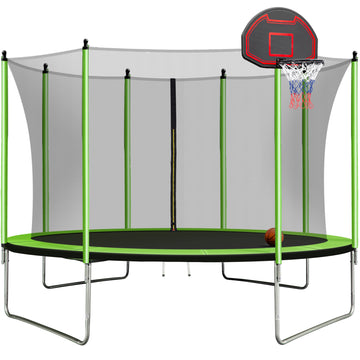 10Ft Trampoline With Basketball Hoop Inflator And Ladder Inner Safety Enclosure Green Green Metal