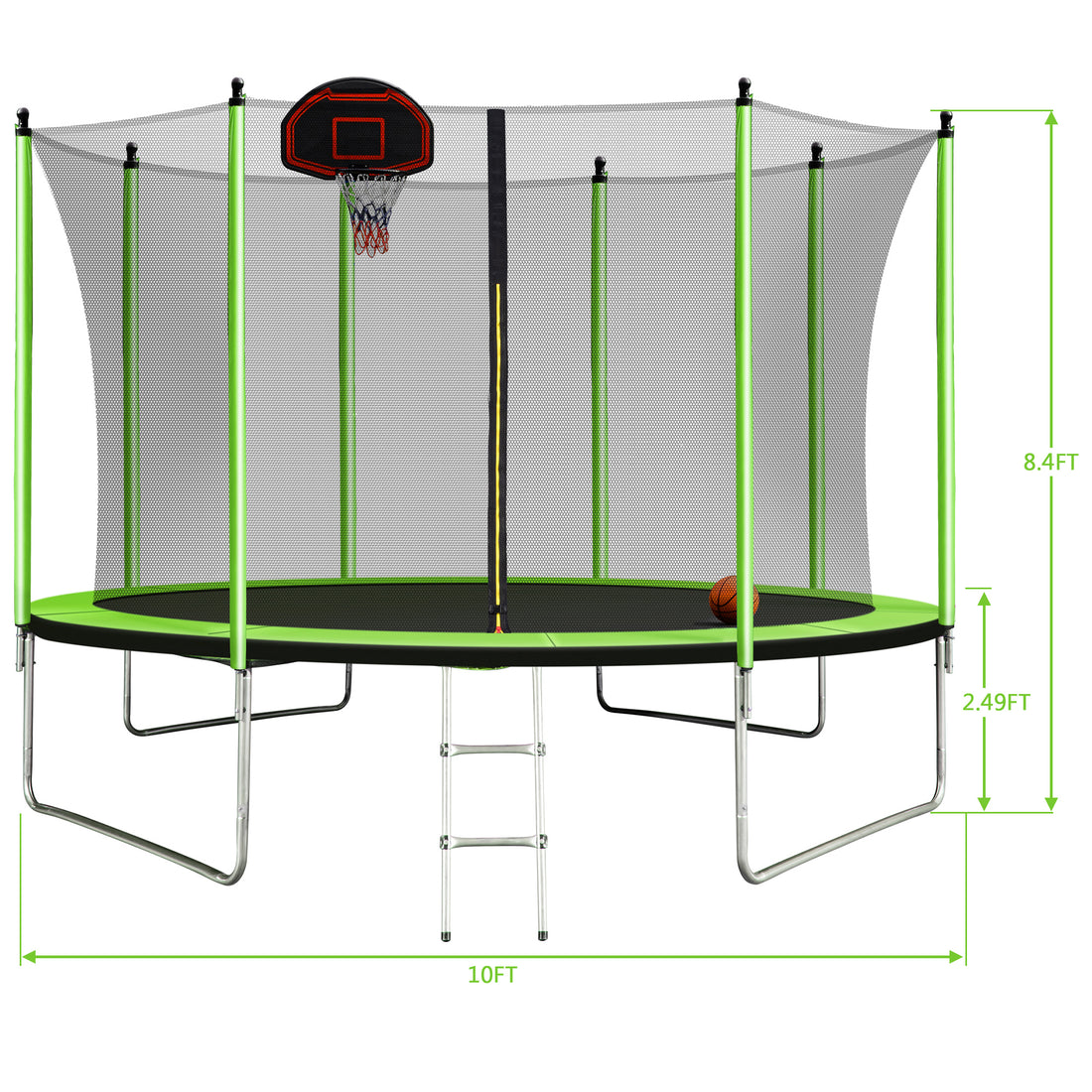 10Ft Trampoline With Basketball Hoop Inflator And Ladder Inner Safety Enclosure Green Green Metal