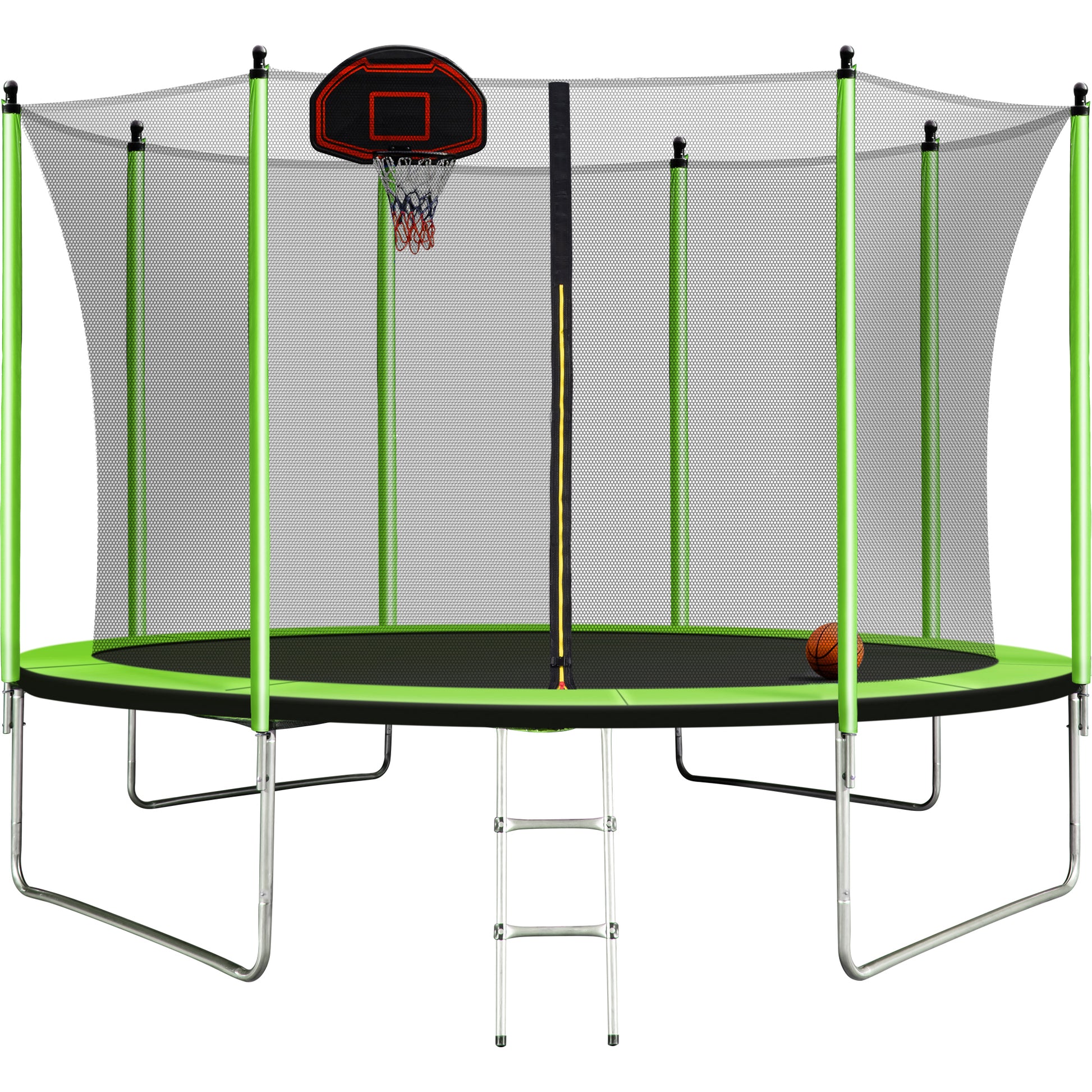 10Ft Trampoline With Basketball Hoop Inflator And Ladder Inner Safety Enclosure Green Green Metal