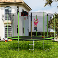 10Ft Trampoline With Basketball Hoop Inflator And Ladder Inner Safety Enclosure Green Green Metal