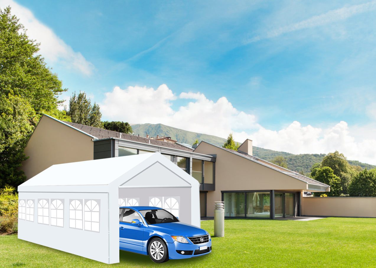 10'X20' Heavy Duty Carport Gazebo, Canopy Garage, Car Shelter With Windows White Steel