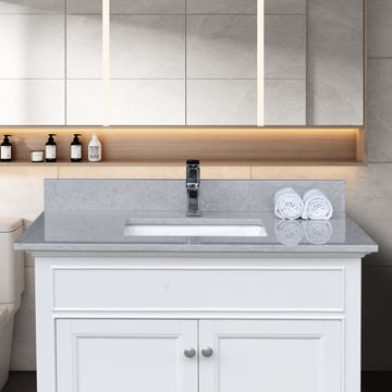 31 Inches Bathroom Stone Vanity Top Calacatta Gray Engineered Marble Color With Undermount Ceramic Sink And Single Faucet Hole With Backsplash Gray Stone