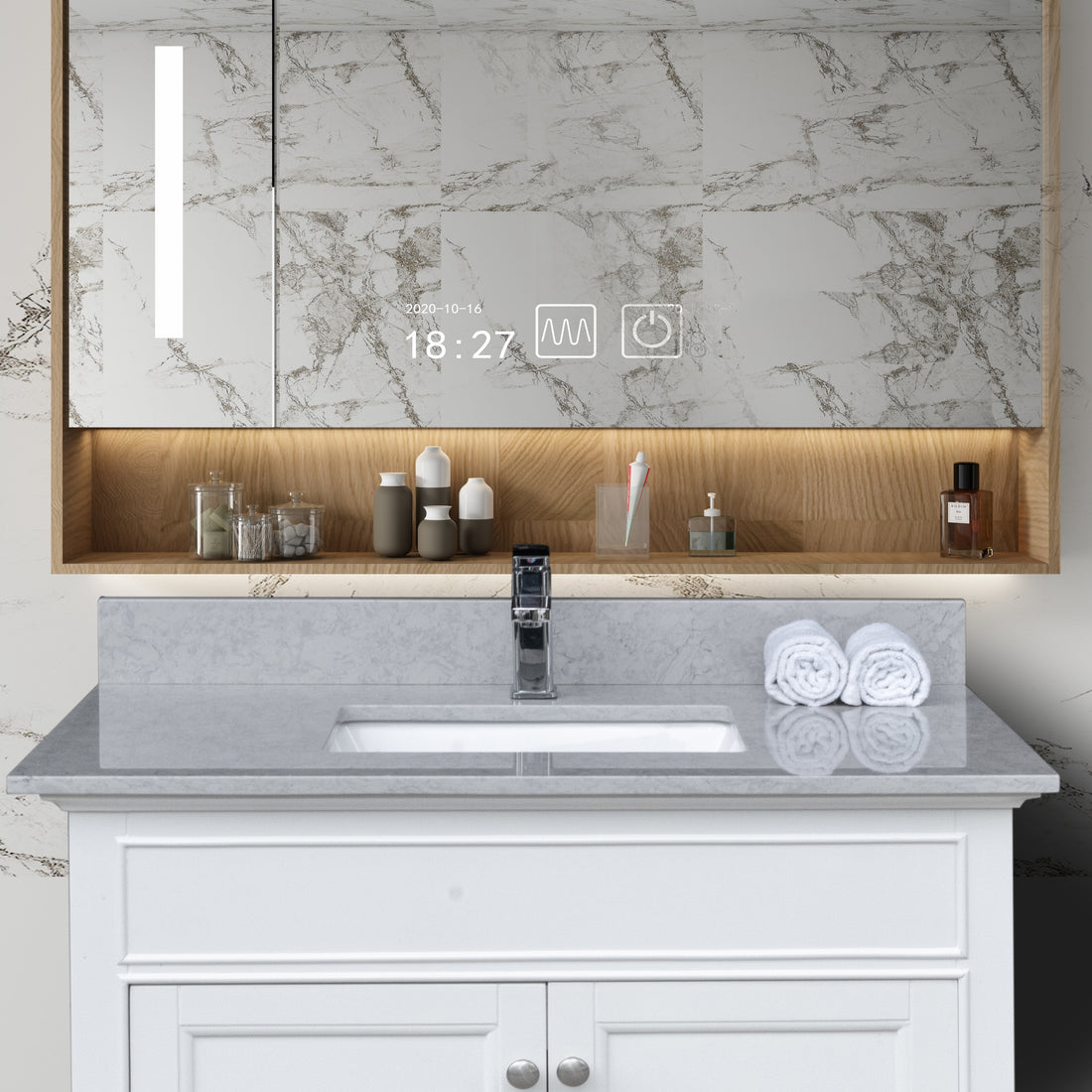 37 Inches Bathroom Stone Vanity Top Calacatta Gray Engineered Marble Color With Undermount Ceramic Sink And Single Faucet Hole With Backsplash Gray Stone