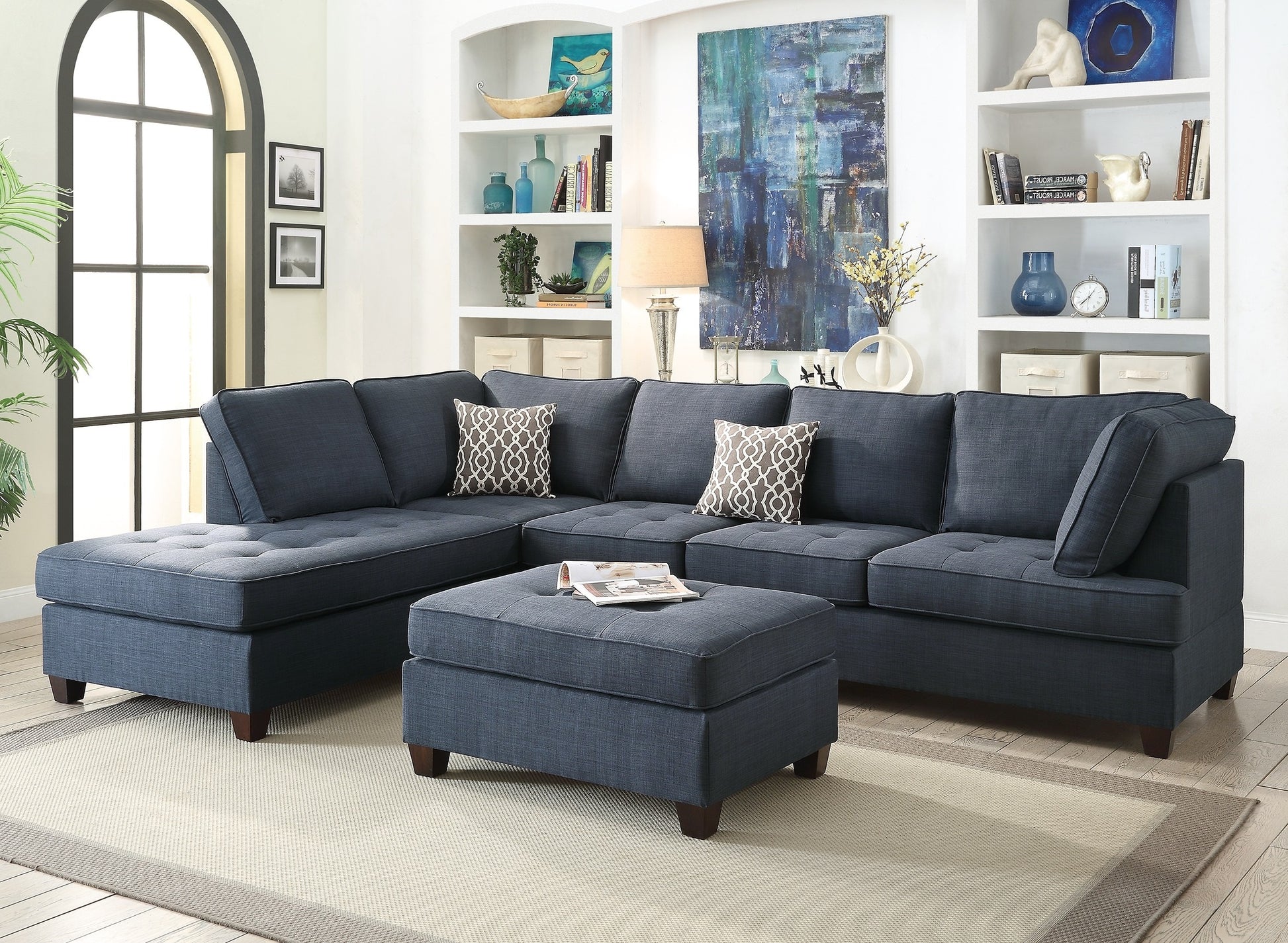 2Pc Sectional Sofa Set Reversible Chaise Sofa Dark Blue Dorris Fabric Living Room Furniture Couch Dark Blue Wood Primary Living Space Cushion Back Contemporary,Modern L Shaped Pillow Top Arms Particle Board 5 Seat