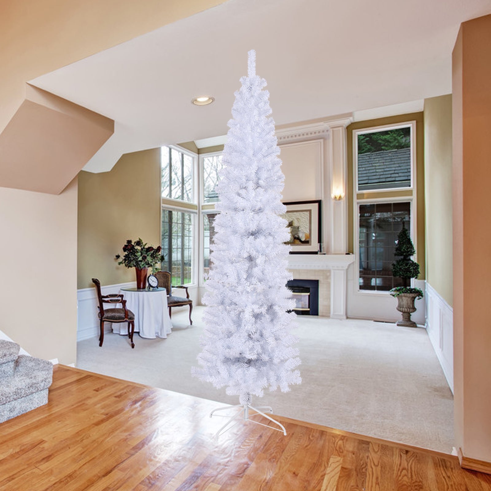 7.5Ft White Slim Artificial Christmas Tree Includes Foldable Metal Stand White American Traditional Polyester Polyester