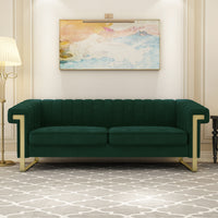 Fx P81 Rg2 Retro Green Sofa Modern Cream Velvet Sofa With Gold Accents Sleek Channel Tufted Upholstery, 3 Seat Couch For Living Room And Office Decor Retro Green Velvet 3 Seat